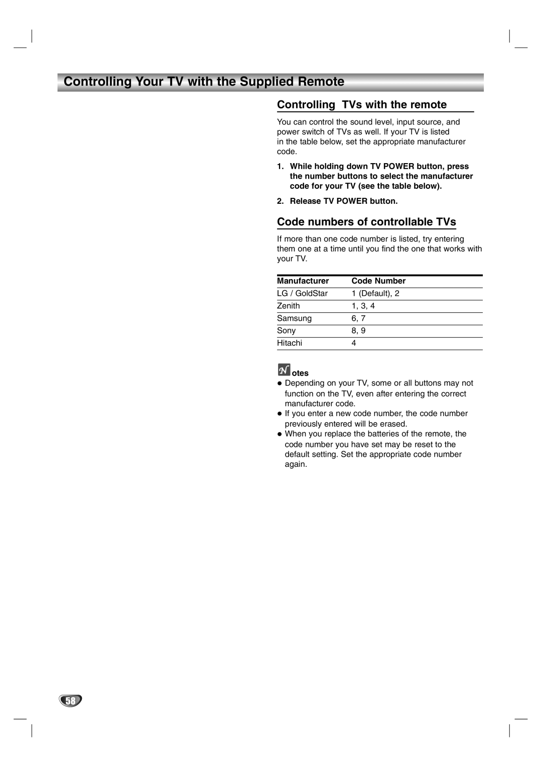 NEC NDR50 Controlling Your TV with the Supplied Remote, Controlling TVs with the remote, Code numbers of controllable TVs 