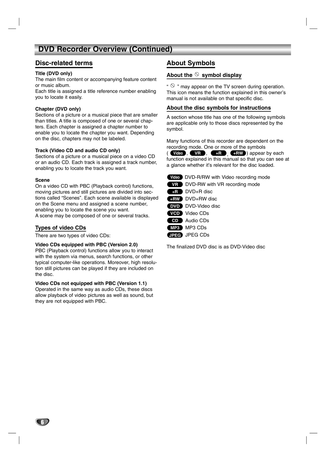 NEC NDR50 owner manual Disc-related terms, About Symbols, Types of video CDs 