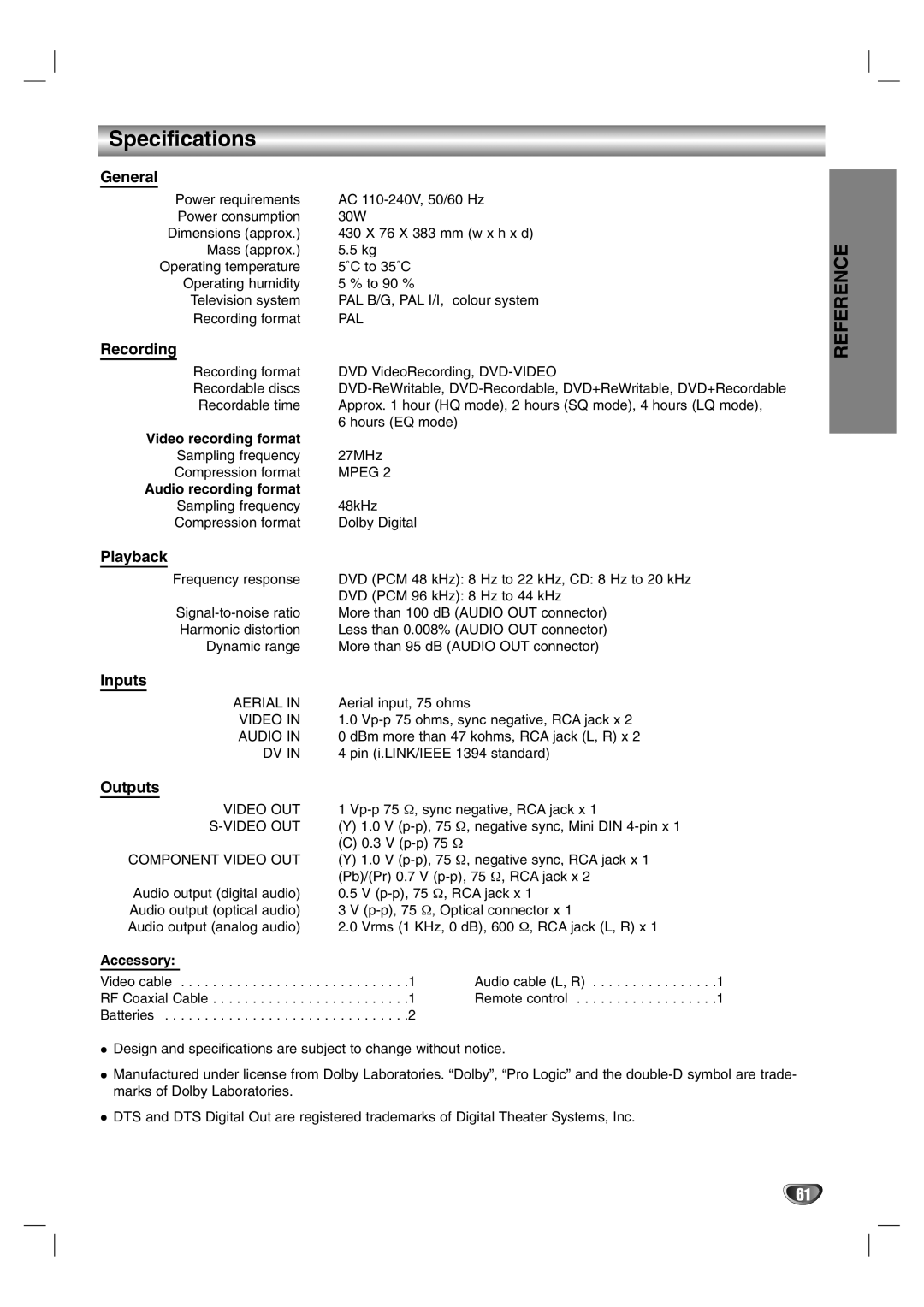 NEC NDR50 owner manual Specifications 