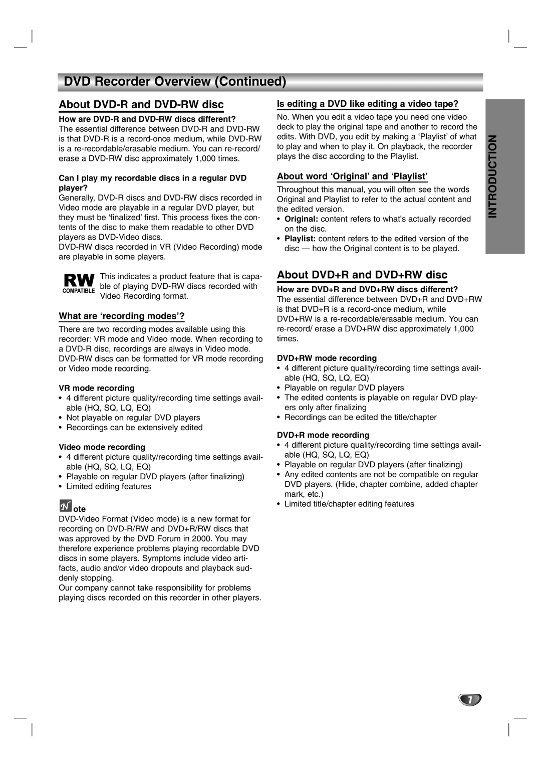 NEC NDR50 owner manual About DVD-R and DVD-RW disc, About DVD+R and DVD+RW disc, What are ‘recording modes’? 