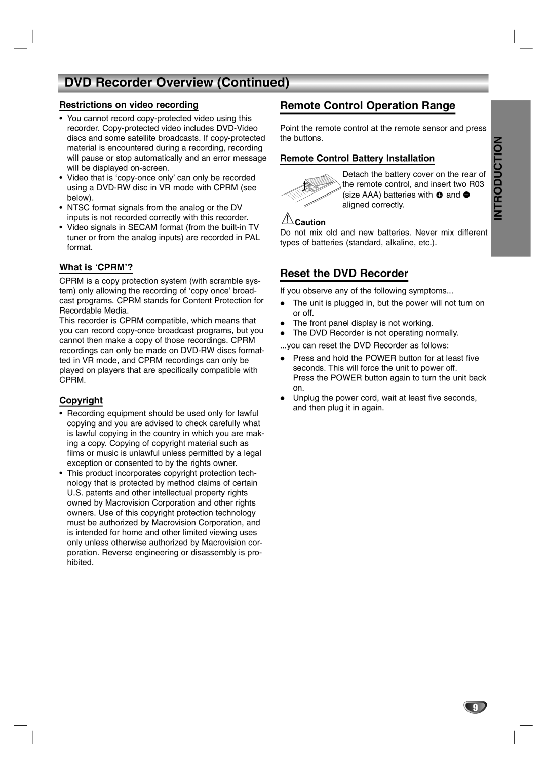 NEC NDR50 owner manual Remote Control Operation Range, Reset the DVD Recorder 