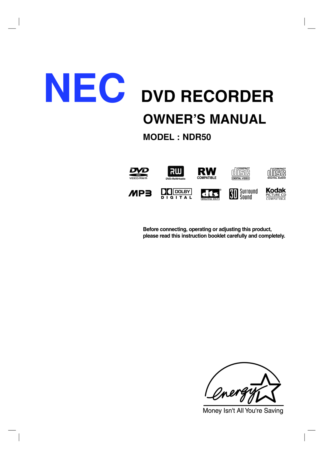 NEC owner manual Owner’S Manual, MODEL NDR50, Nec Dvd Recorder 