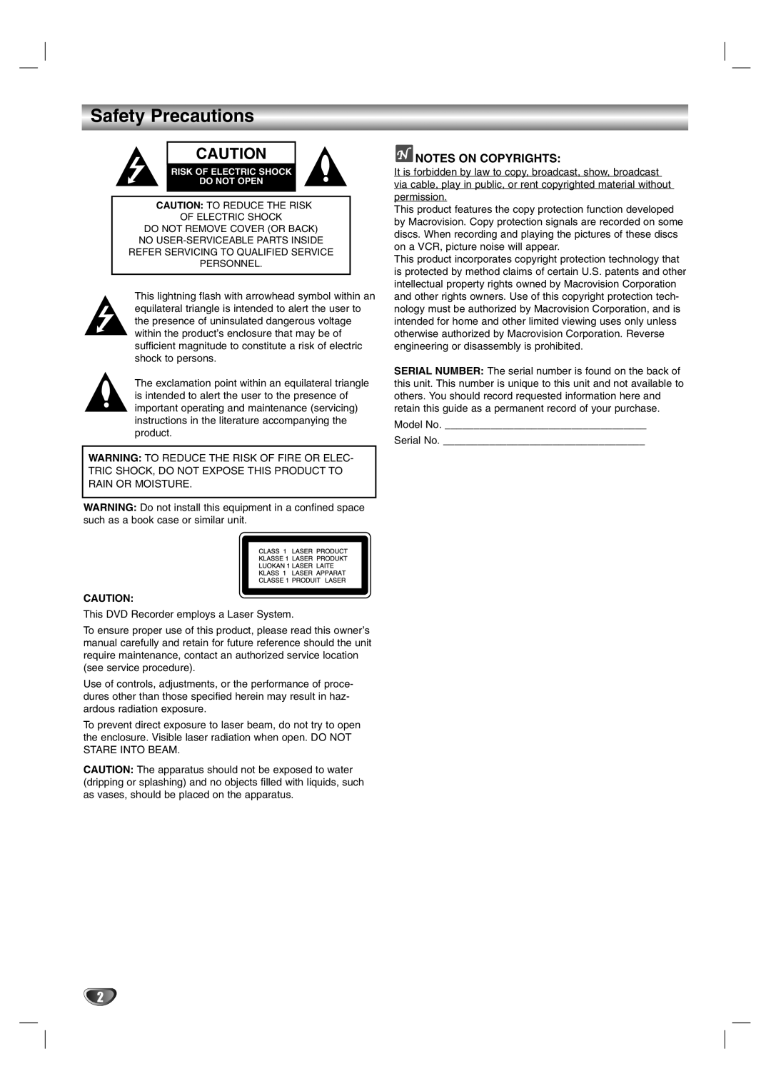 NEC NDR50 owner manual Safety Precautions, Notes On Copyrights 