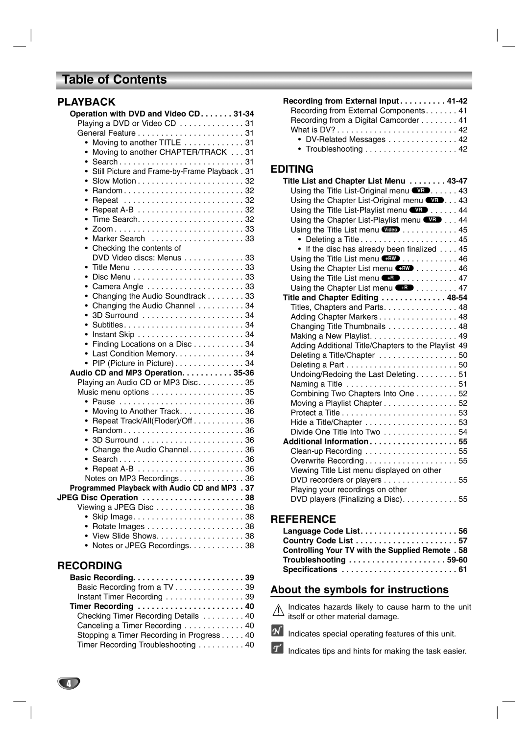 NEC NDR50 Editing, Reference, About the symbols for instructions, Table of Contents, Playback, Basic Recording, 48-54 