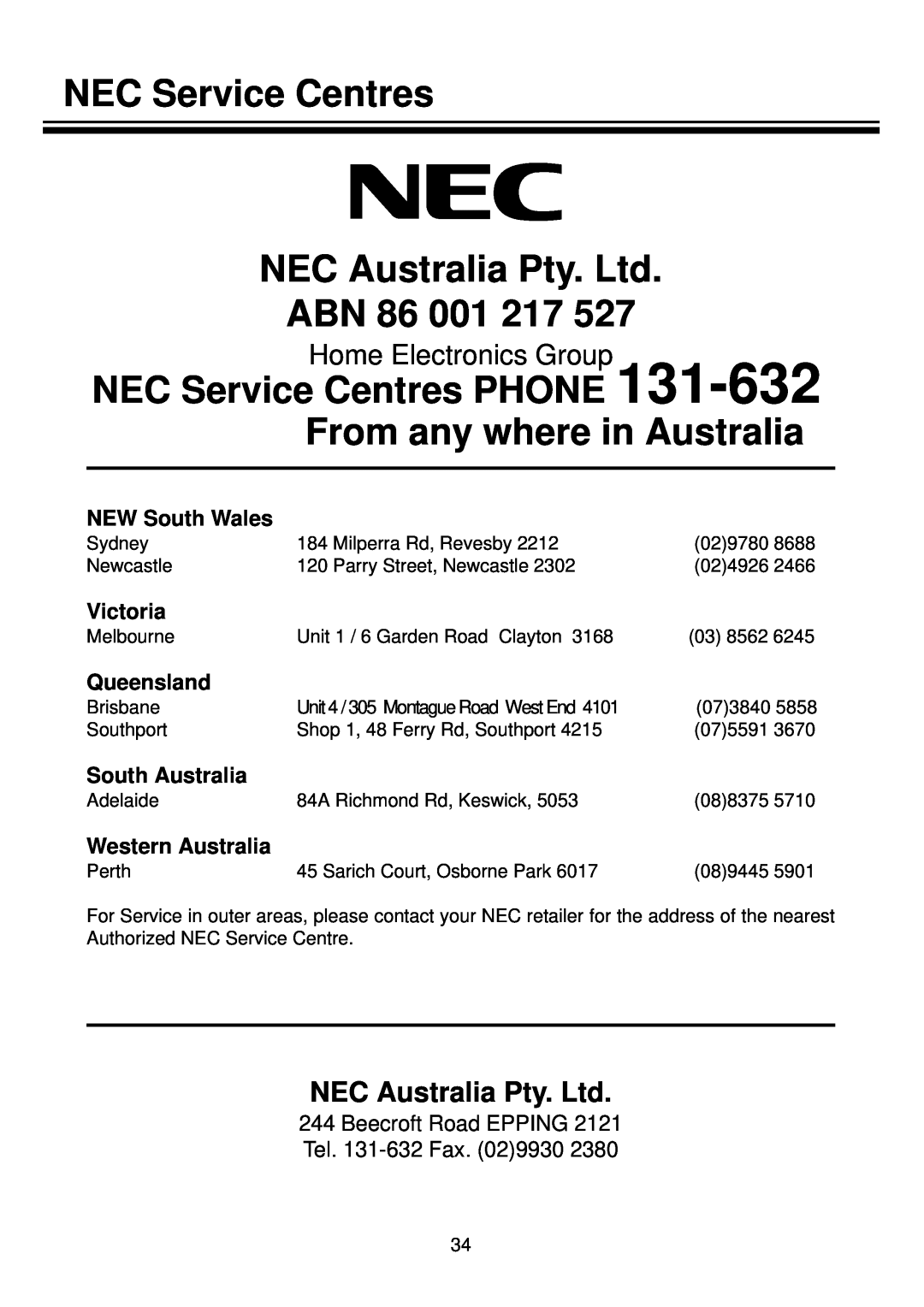 NEC NDR50 ABN 86 001 217, NEC Service Centres PHONE 131-632 From any where in Australia, NEW South Wales, Victoria 