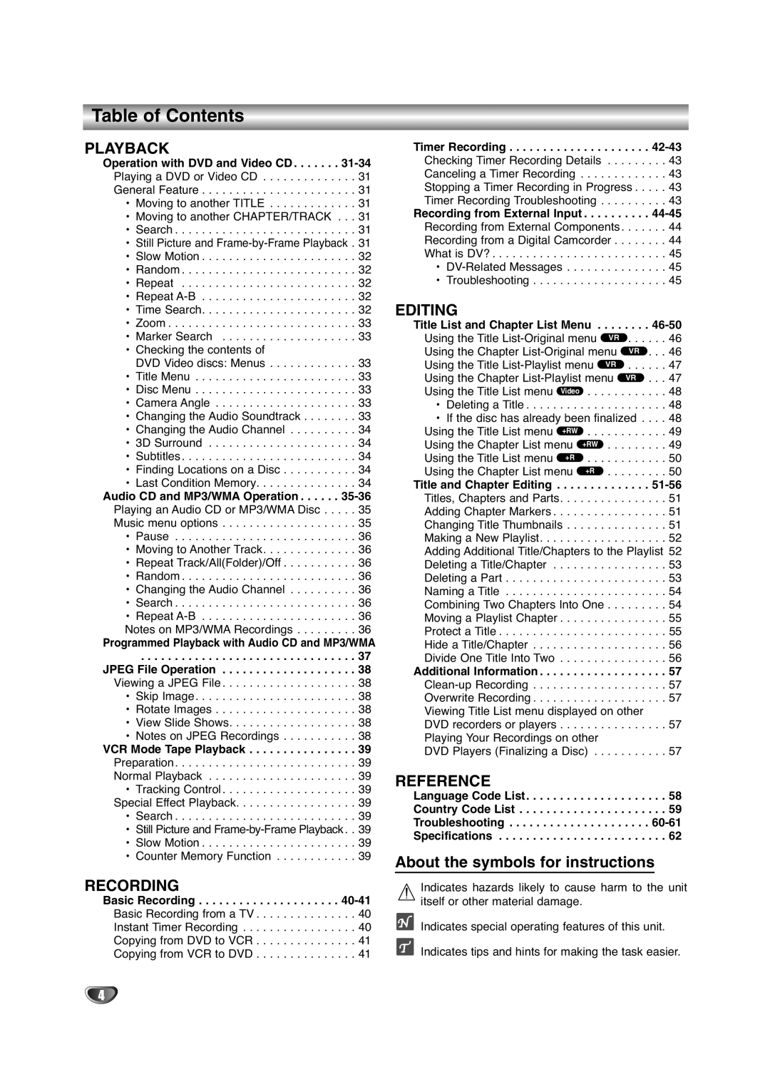 NEC NDRV-60 About the symbols for instructions, Operation with DVD and Video CD, Title List and Chapter List Menu 