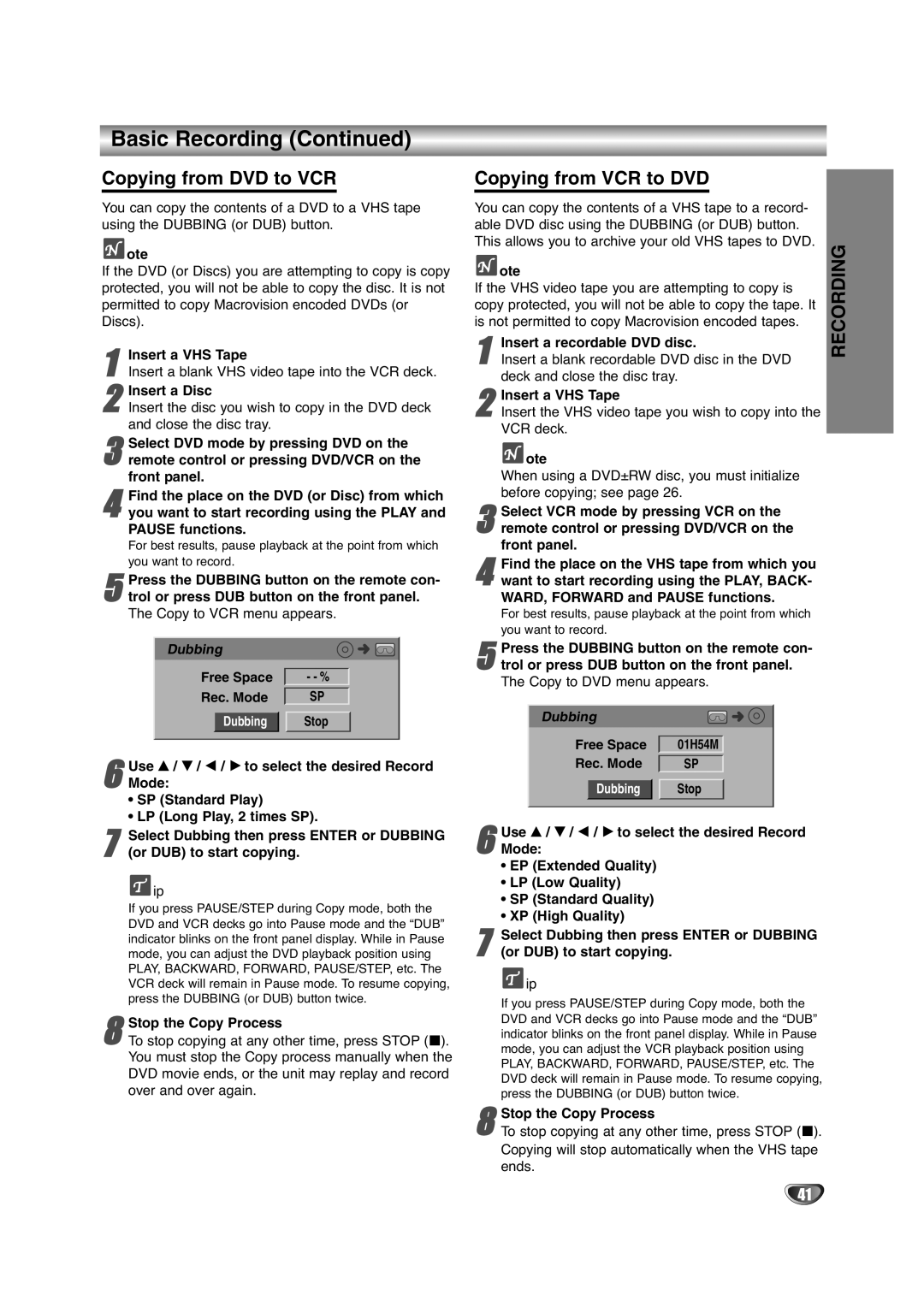 NEC NDRV-60 owner manual Basic Recording, Copying from DVD to VCR, Copying from VCR to DVD 