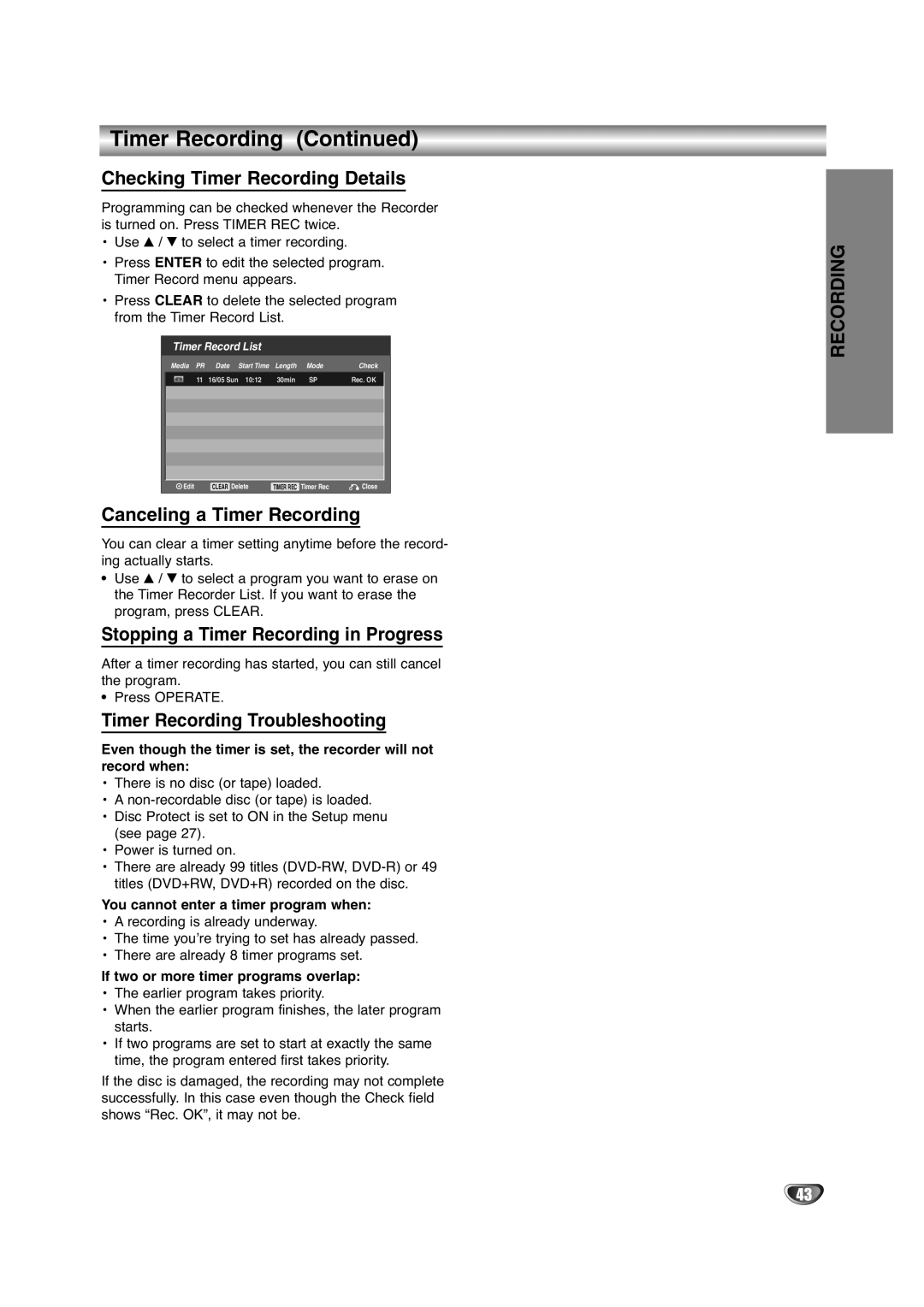 NEC NDRV-60 Checking Timer Recording Details, Canceling a Timer Recording, Stopping a Timer Recording in Progress 