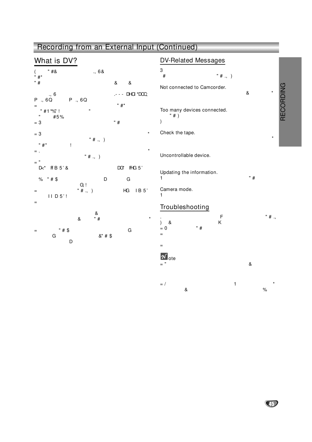 NEC NDRV-60 owner manual Recording from an External Input What is DV?, DV-Related Messages, Troubleshooting 