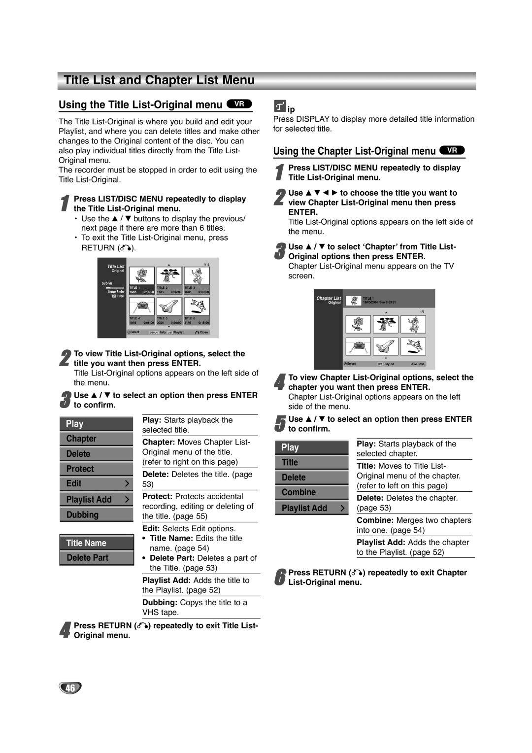 NEC NDRV-60 owner manual Title List and Chapter List Menu, Using the Title List-Original menu VR 