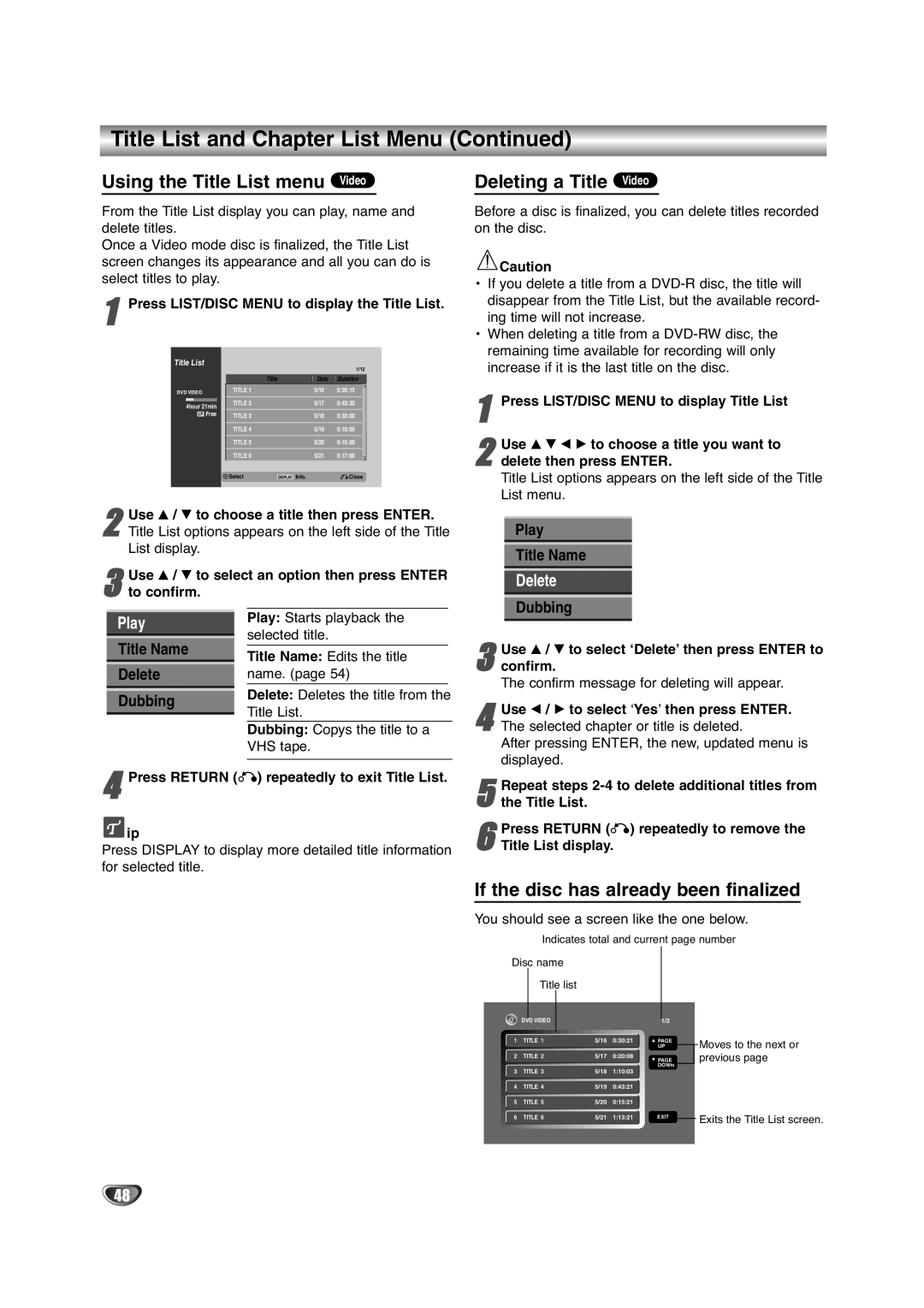 NEC NDRV-60 owner manual Using the Title List menu Video, Deleting a Title Video, If the disc has already been finalized 