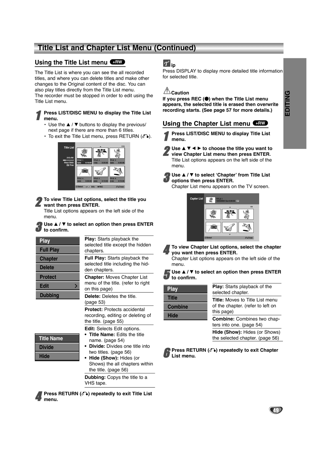 NEC NDRV-60 owner manual Using the Title List menu +RW, Using the Chapter List menu +RW, Full Play, Divide, Hide 