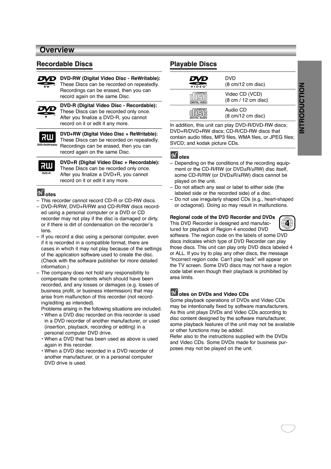 NEC NDRV-60 owner manual Overview, Recordable Discs, Playable Discs, Regional code of the DVD Recorder and DVDs 