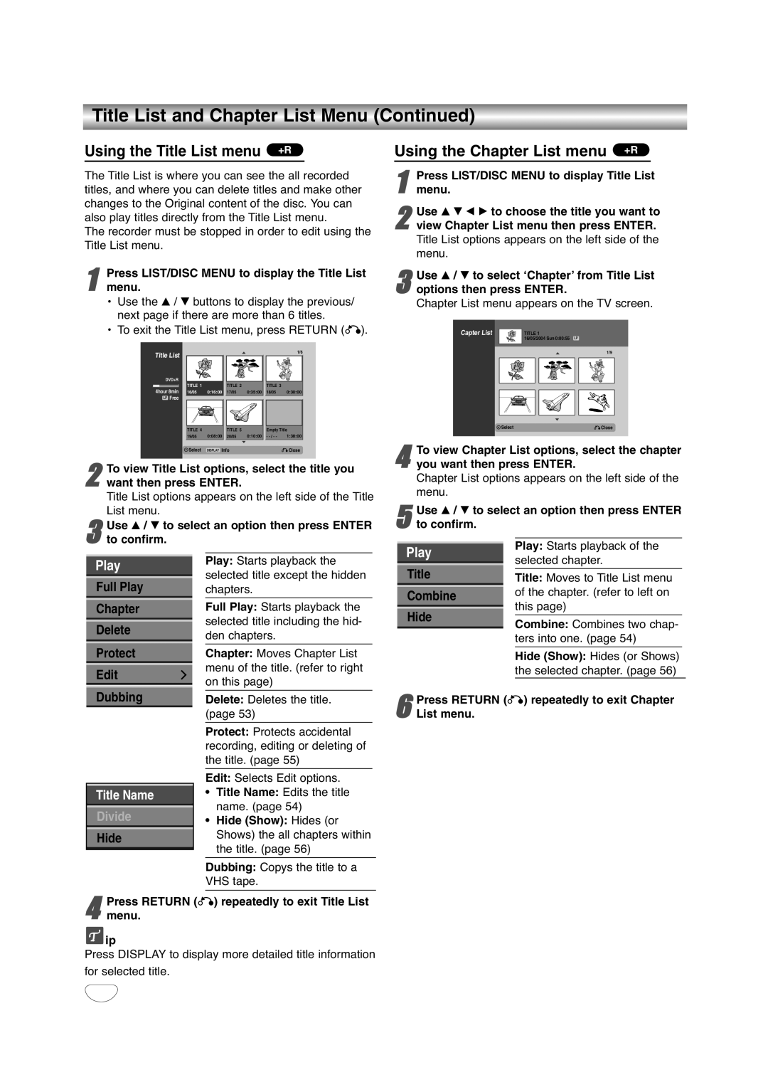 NEC NDRV-60 Using the Title List menu +R, Using the Chapter List menu +R, Menu of the title. refer to right On this 