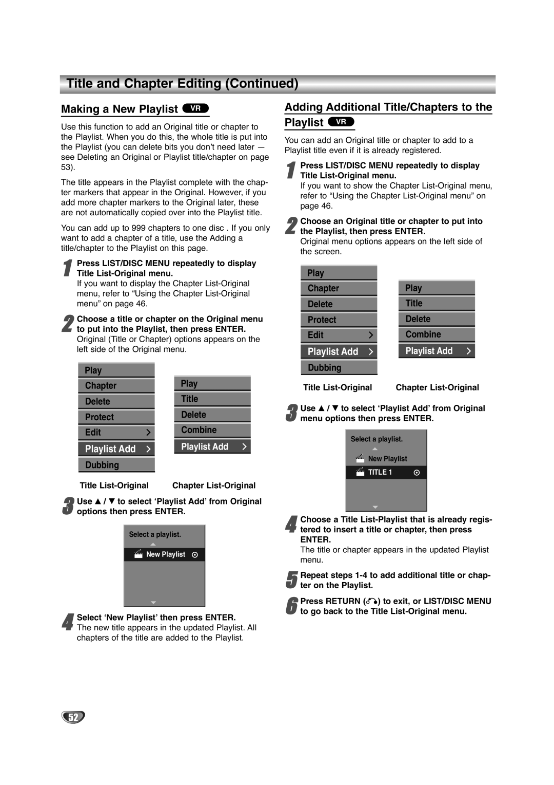 NEC NDRV-60 Making a New Playlist VR, Adding Additional Title/Chapters to Playlist VR, Playlist, then press Enter 