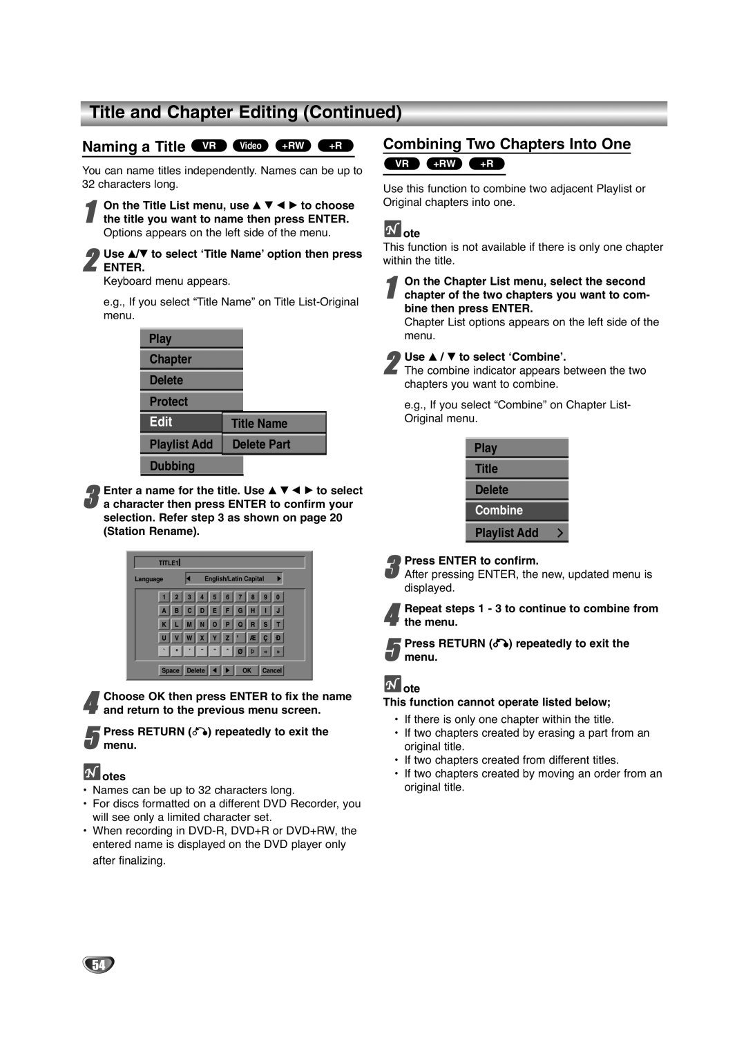 NEC NDRV-60 owner manual Naming a Title VR Video +RW +R, Combining Two Chapters Into One, Playlist Add Delete Part Dubbing 