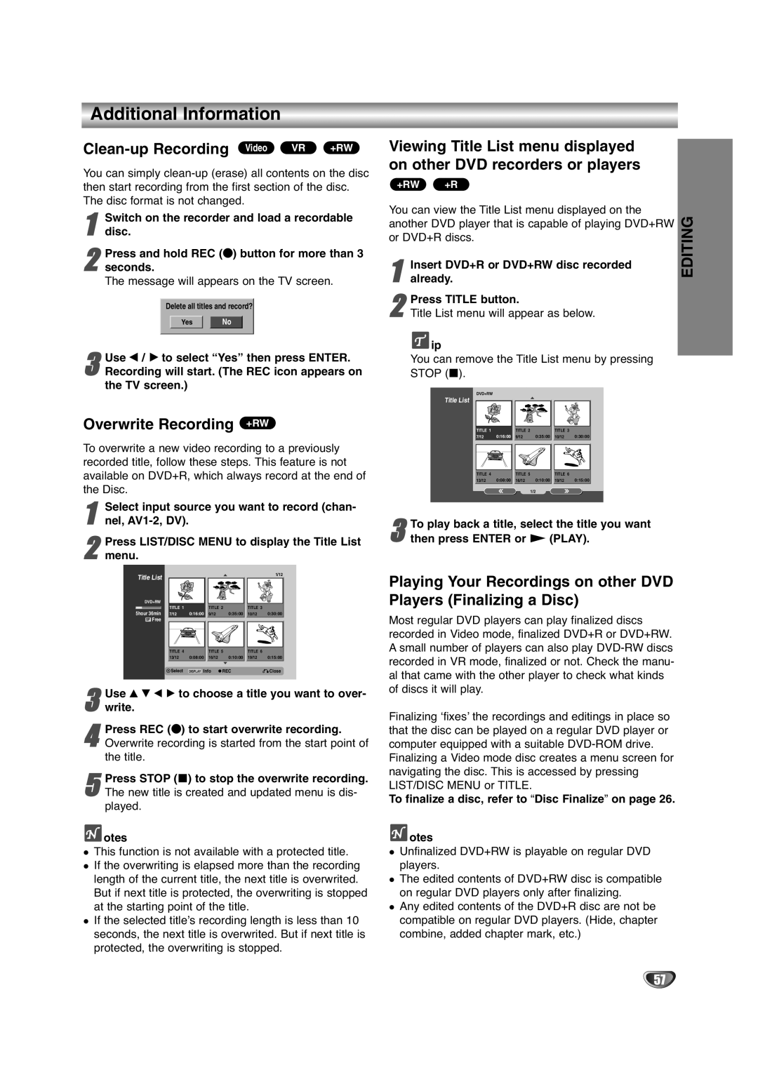 NEC NDRV-60 owner manual Additional Information, Clean-up Recording Video VR +RW, Overwrite Recording +RW 