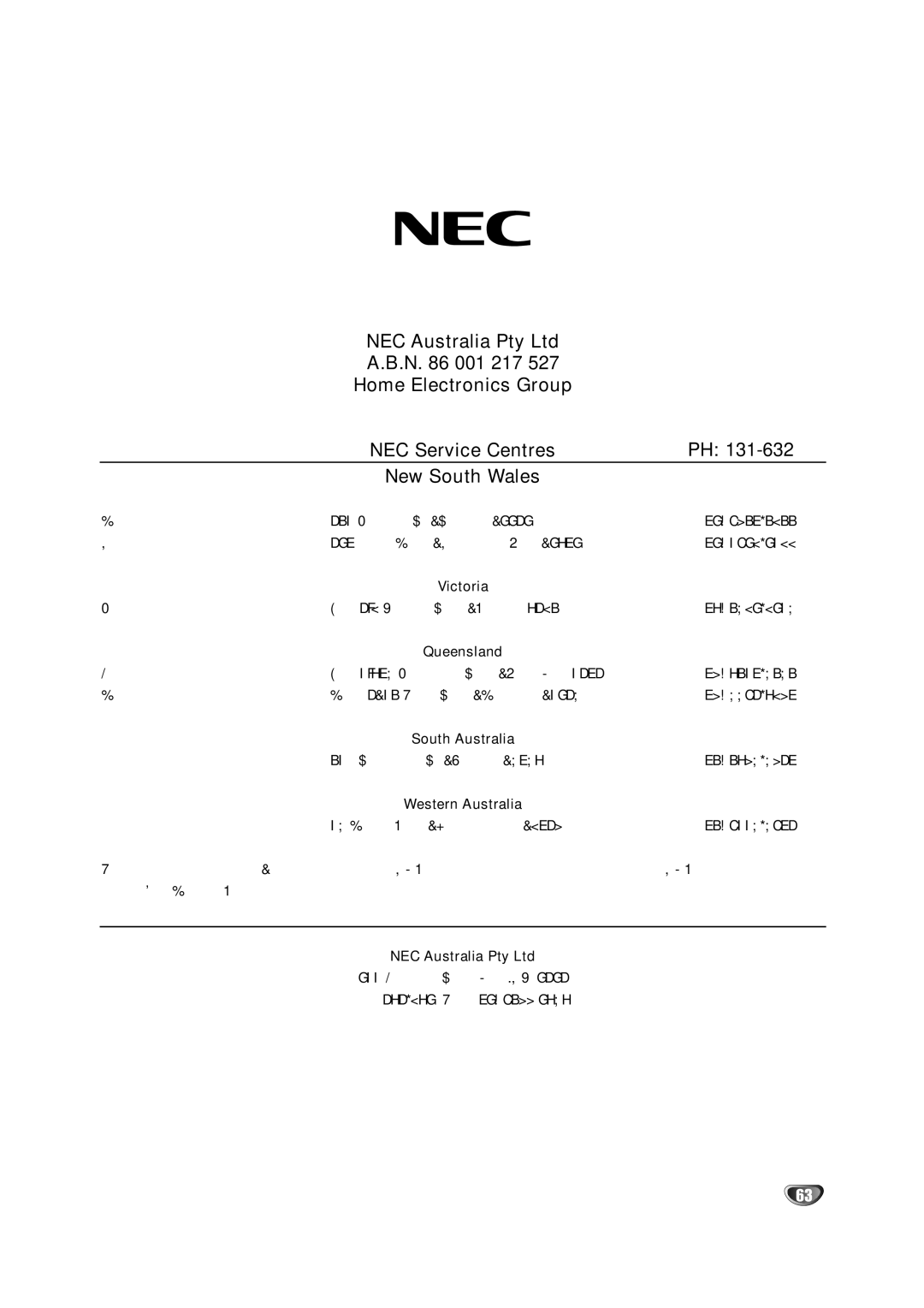 NEC NDRV-60 N 001 217 Home Electronics Group NEC Service Centres, Melbourne Unit 1/6 Garden Road, Clayton, Queensland 