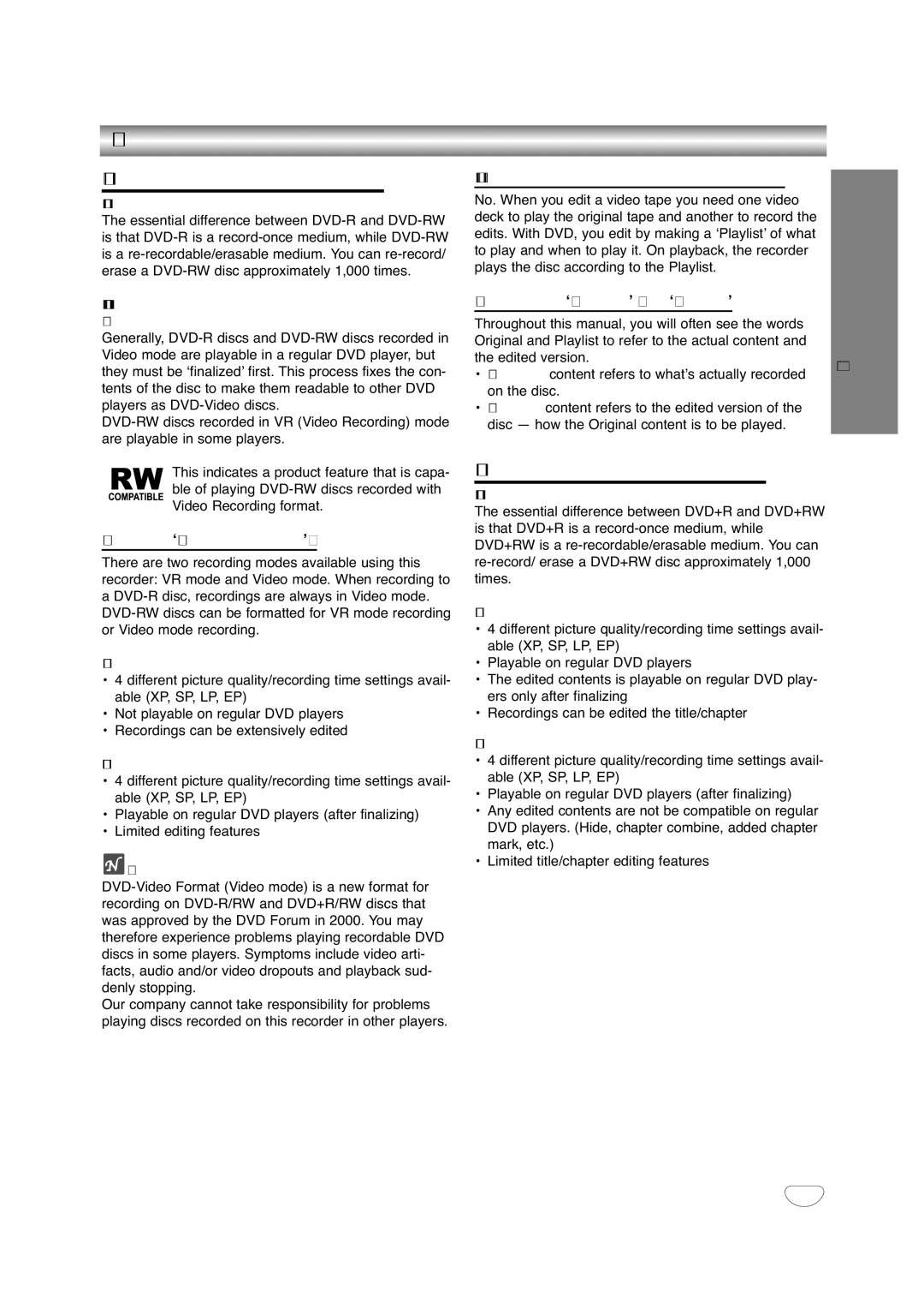 NEC NDRV-60 owner manual About DVD-R and DVD-RW disc, About DVD+R and DVD+RW disc, What are ‘recording modes’? 