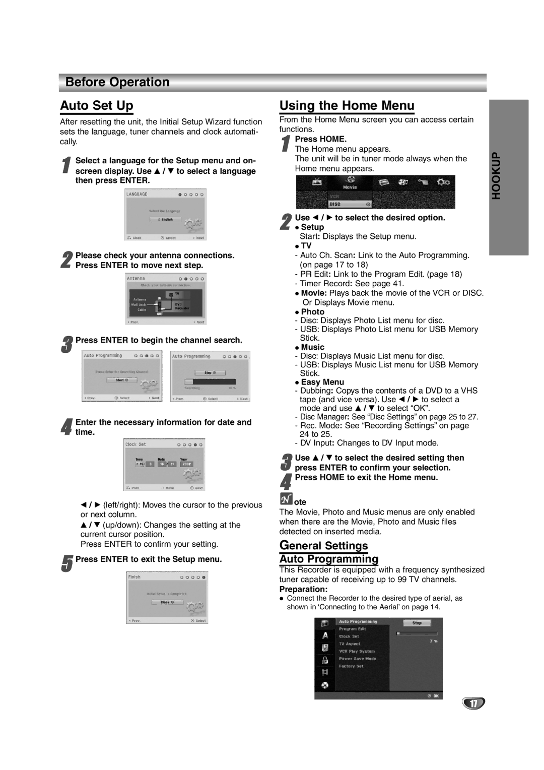 NEC NDRV-62 owner manual Before Operation Auto Set Up, Using the Home Menu, General Settings Auto Programming 