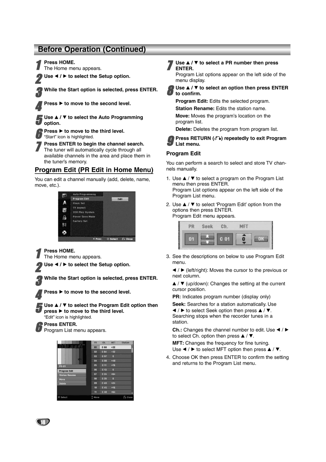 NEC NDRV-62 owner manual Before Operation, Program Edit PR Edit in Home Menu 