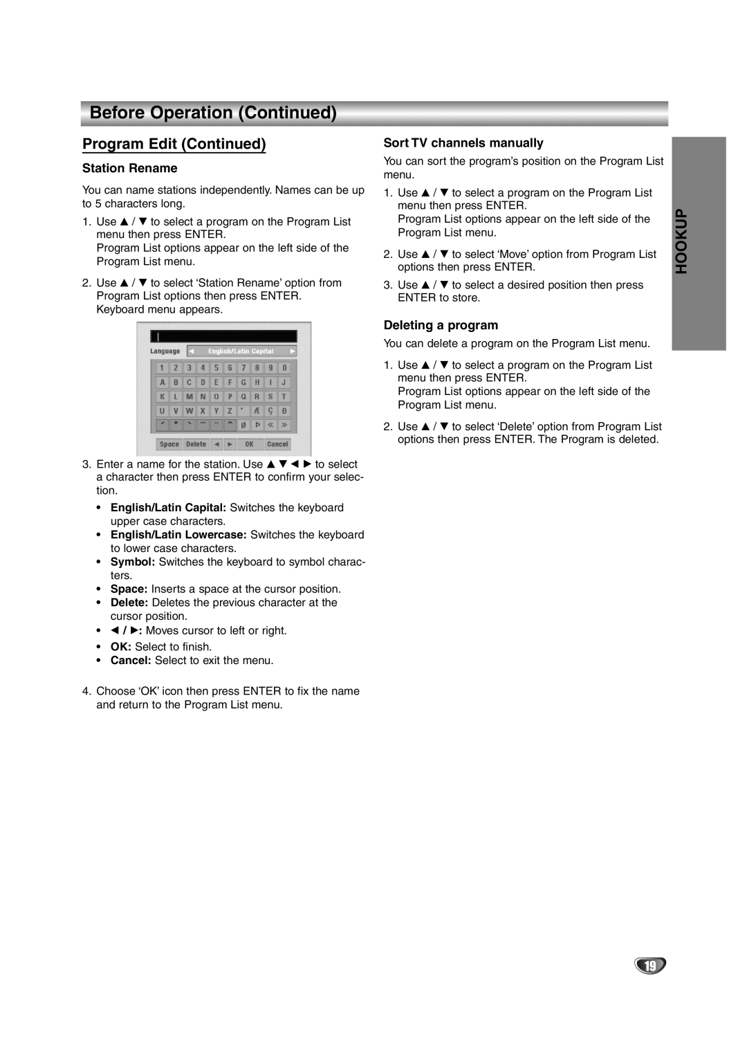 NEC NDRV-62 owner manual Program Edit, Station Rename, Sort TV channels manually, Deleting a program 