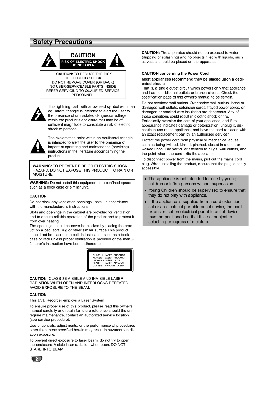 NEC NDRV-62 owner manual Safety Precautions 