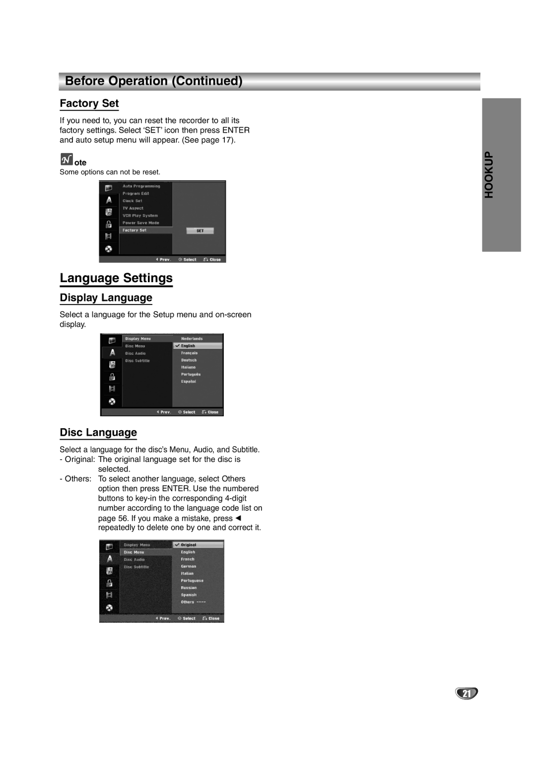 NEC NDRV-62 owner manual Language Settings, Factory Set, Display Language, Disc Language 