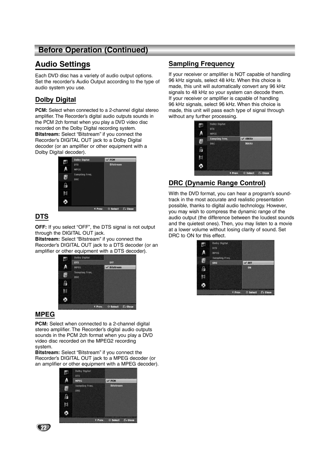 NEC NDRV-62 owner manual Before Operation Audio Settings, Dolby Digital, Sampling Frequency, DRC Dynamic Range Control 