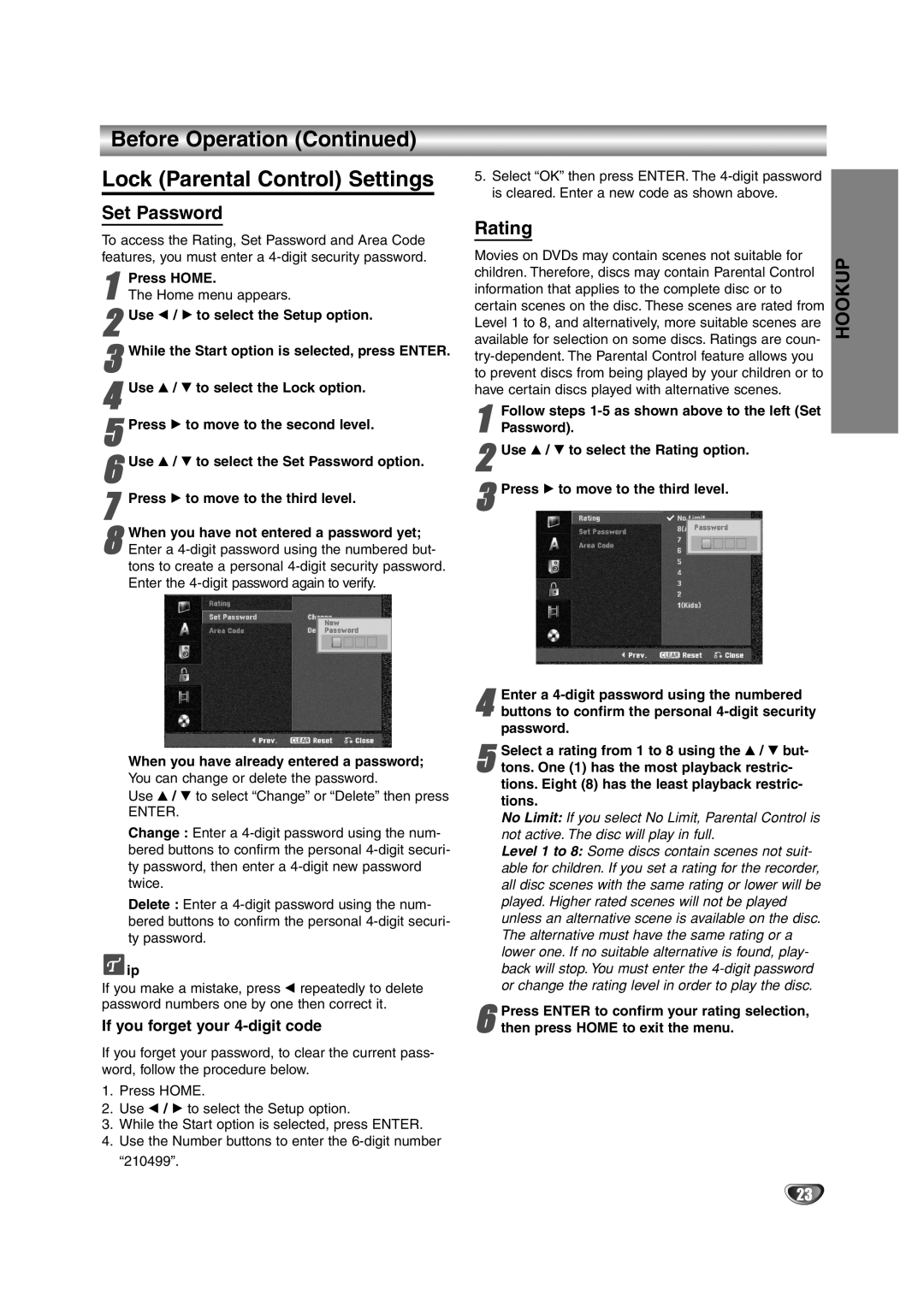 NEC NDRV-62 Before Operation Lock Parental Control Settings, Set Password, Rating, If you forget your 4-digit code 