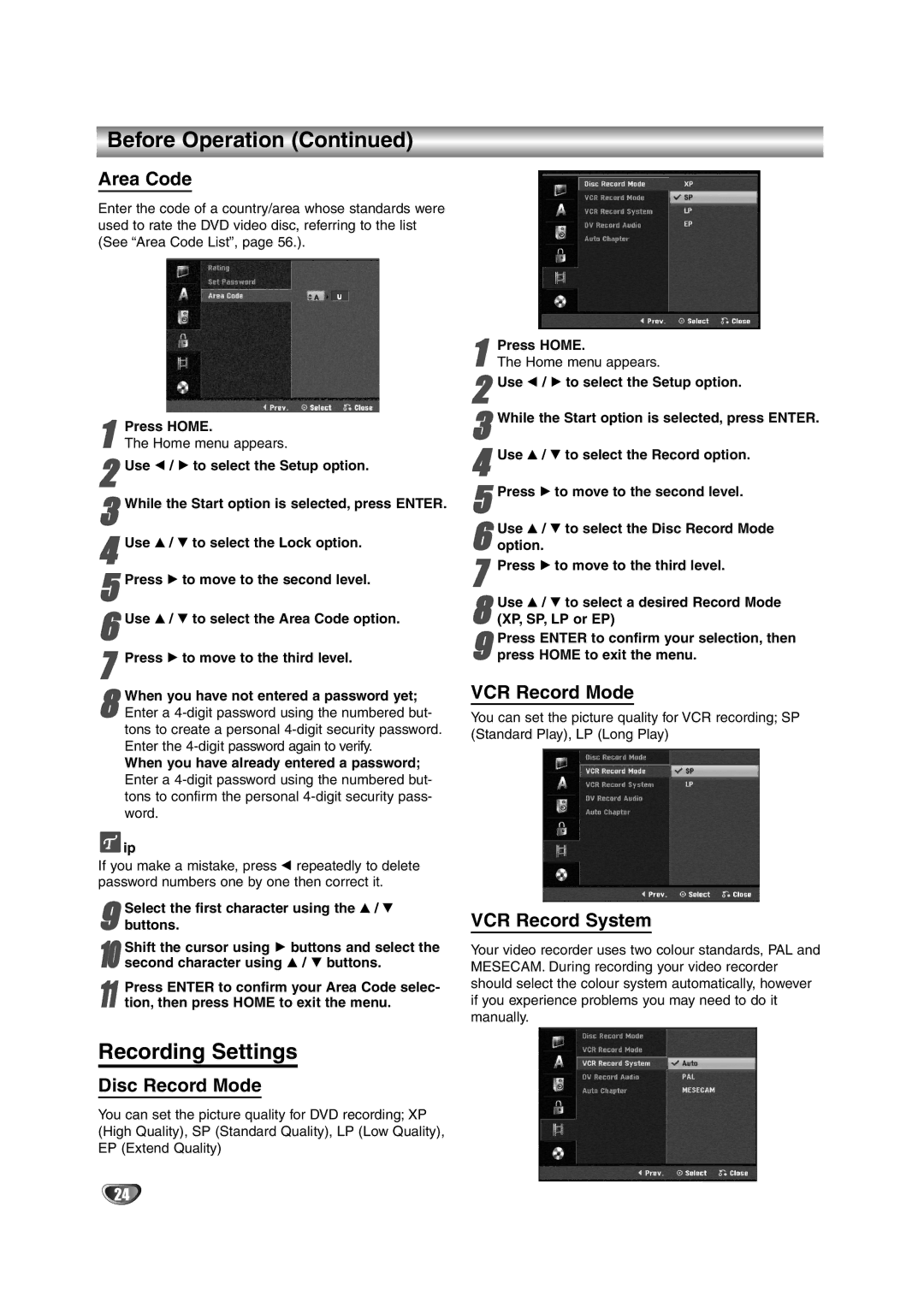 NEC NDRV-62 owner manual Recording Settings, Area Code, Disc Record Mode, VCR Record Mode, VCR Record System 