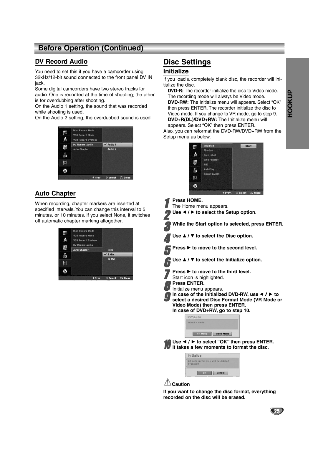 NEC NDRV-62 owner manual Disc Settings, DV Record Audio, Auto Chapter, Initialize 