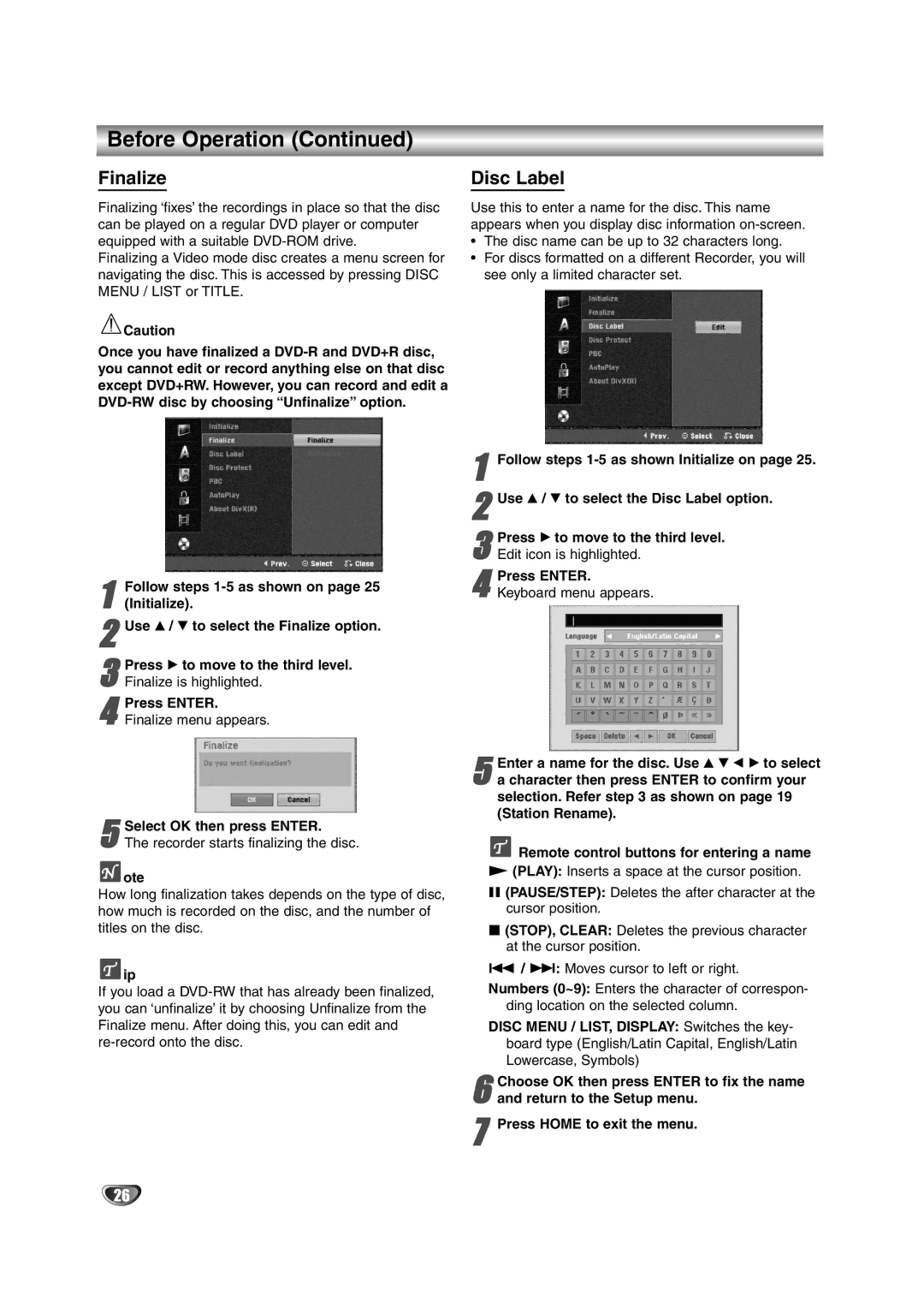 NEC NDRV-62 owner manual Disc Label, Finalize menu appears, Character then press Enter to confirm your 