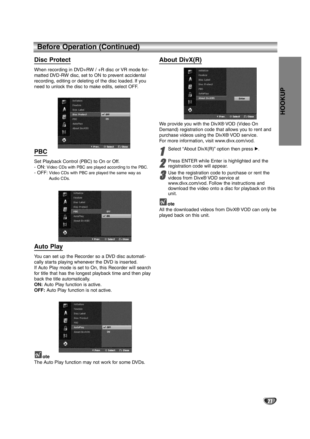 NEC NDRV-62 owner manual Disc Protect, About DivXR, Auto Play, Set Playback Control PBC to On or Off 