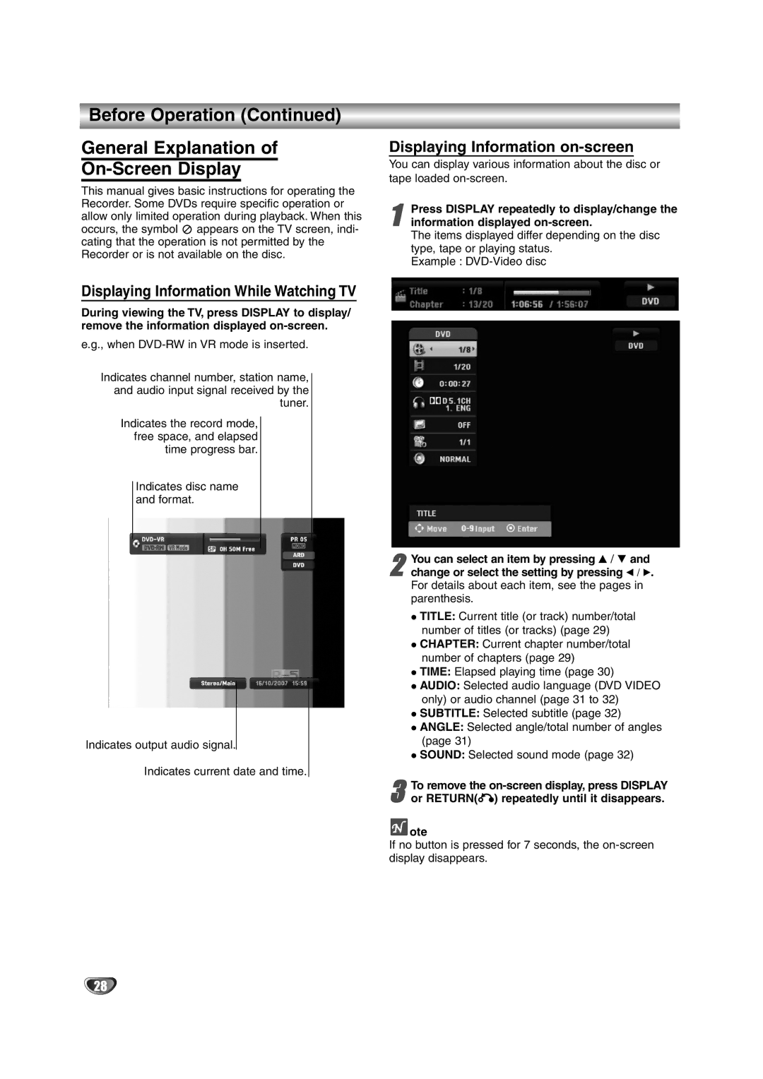 NEC NDRV-62 owner manual Before Operation General Explanation On-Screen Display, Displaying Information on-screen 