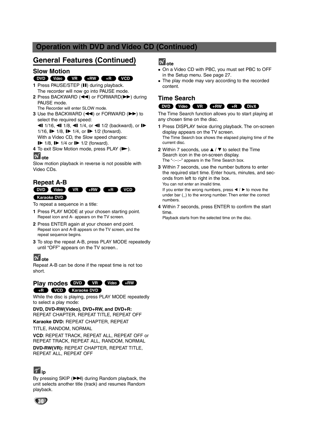 NEC NDRV-62 owner manual Operation with DVD and Video CD General Features, Slow Motion, Repeat A-B, Time Search 