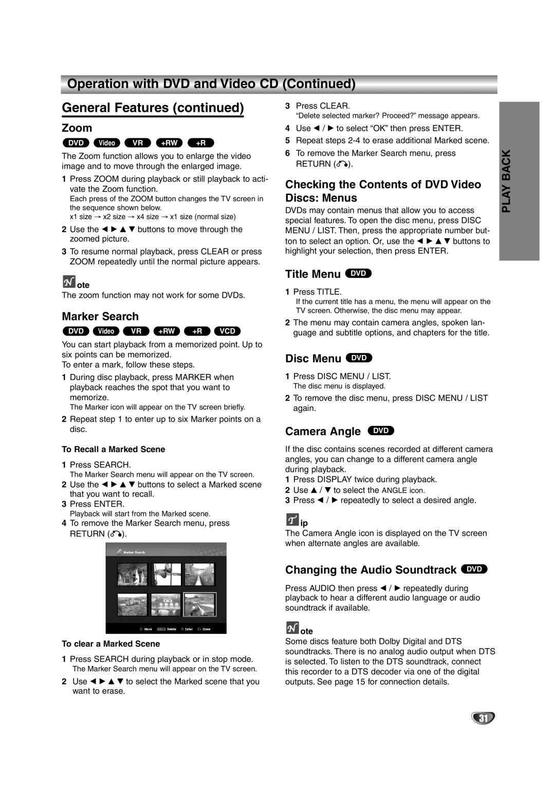 NEC NDRV-62 Zoom, Marker Search, Checking the Contents of DVD Video, Discs Menus, Title Menu DVD, Disc Menu DVD 