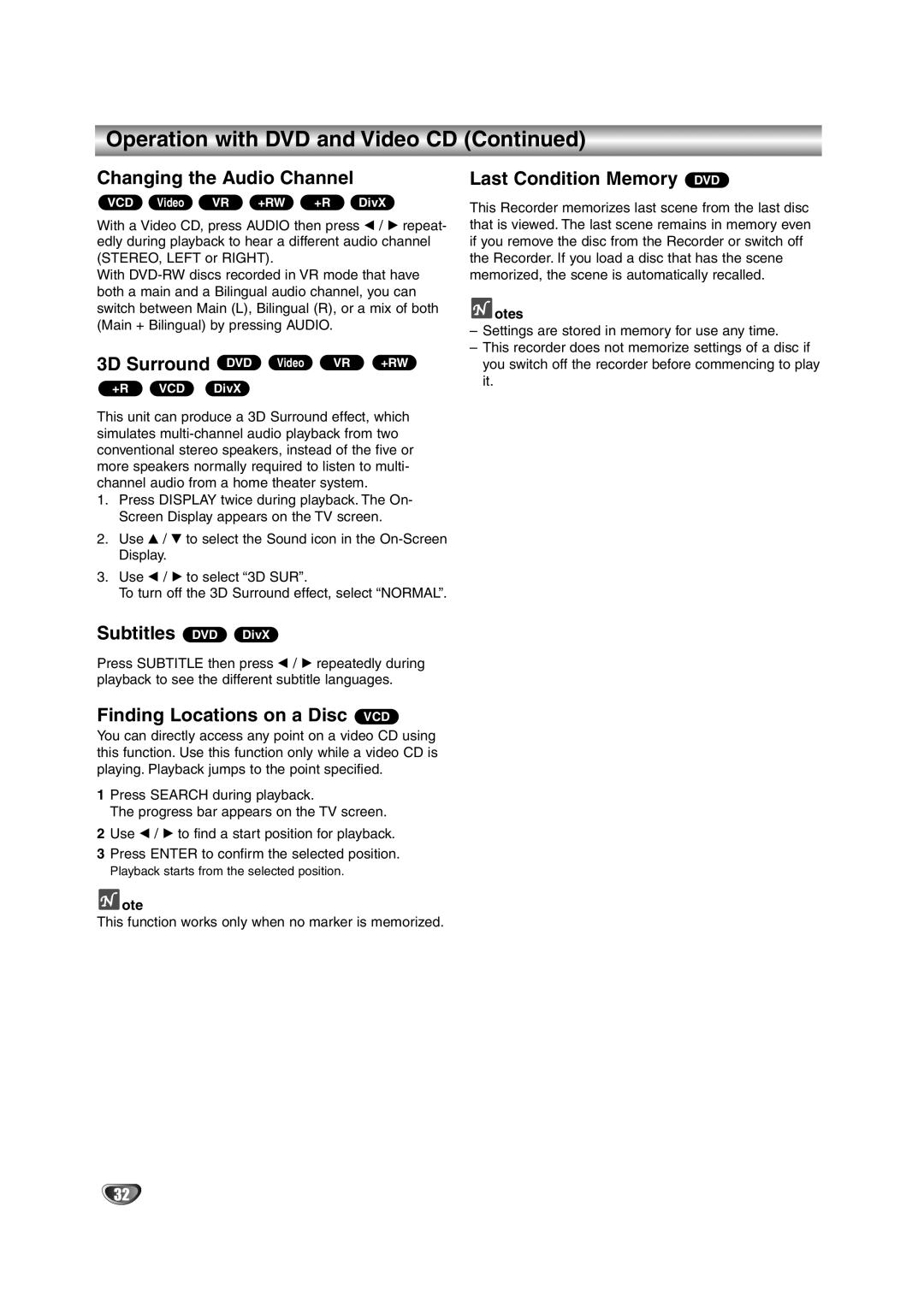 NEC NDRV-62 Operation with DVD and Video CD, Changing the Audio Channel, Subtitles DVD DivX, Last Condition Memory DVD 