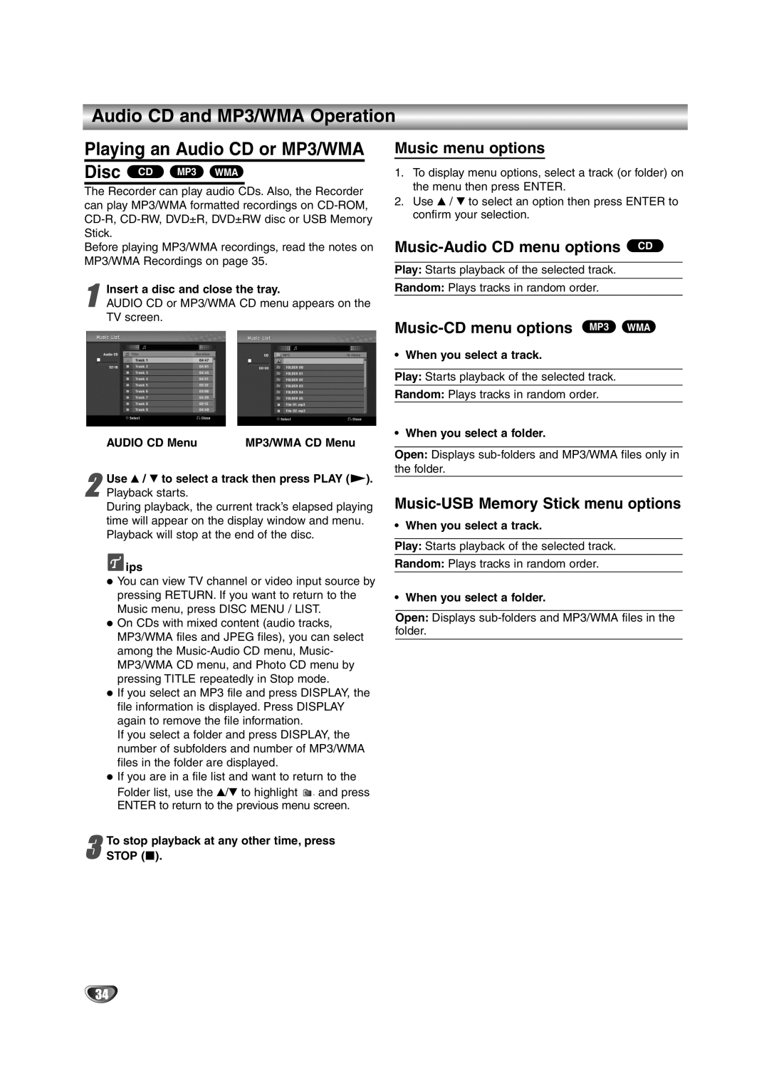 NEC NDRV-62 owner manual Music menu options, Music-Audio CD menu options CD, Music-CD menu options MP3 WMA 