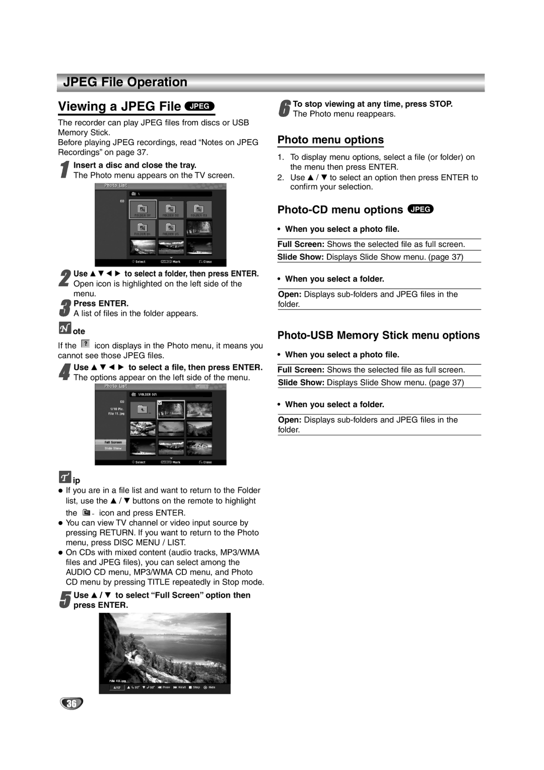 NEC NDRV-62 owner manual Jpeg File Operation Viewing a Jpeg File Jpeg, Photo menu options, Photo-CD menu options Jpeg 