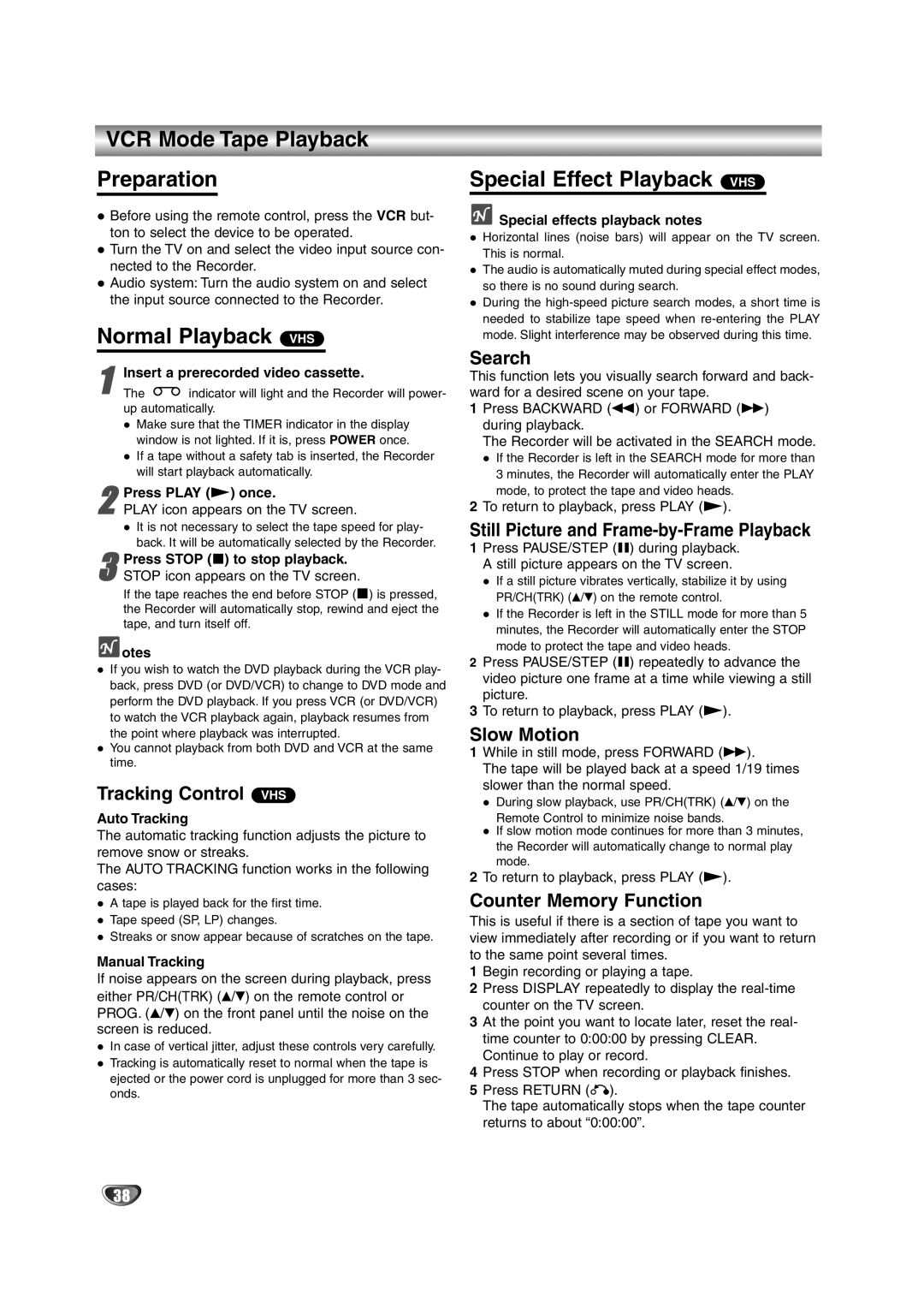 NEC NDRV-62 owner manual VCR Mode Tape Playback Preparation, Normal Playback VHS, Special Effect Playback VHS 