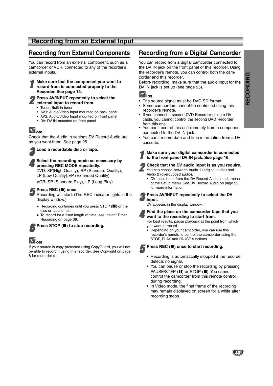 NEC NDRV-62 owner manual Recording from an External Input 