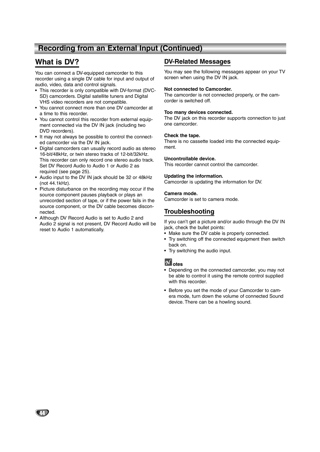 NEC NDRV-62 owner manual Recording from an External Input What is DV?, DV-Related Messages, Troubleshooting 