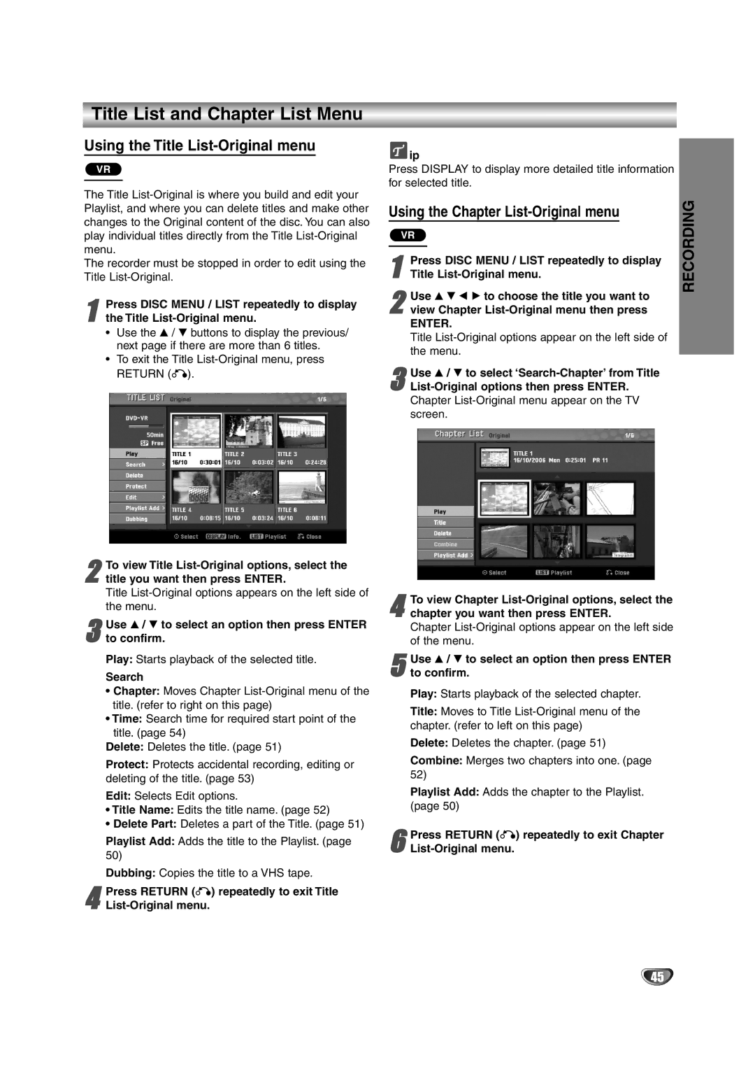 NEC NDRV-62 Title List and Chapter List Menu, Using the Title List-Original menu, Using the Chapter List-Original menu 