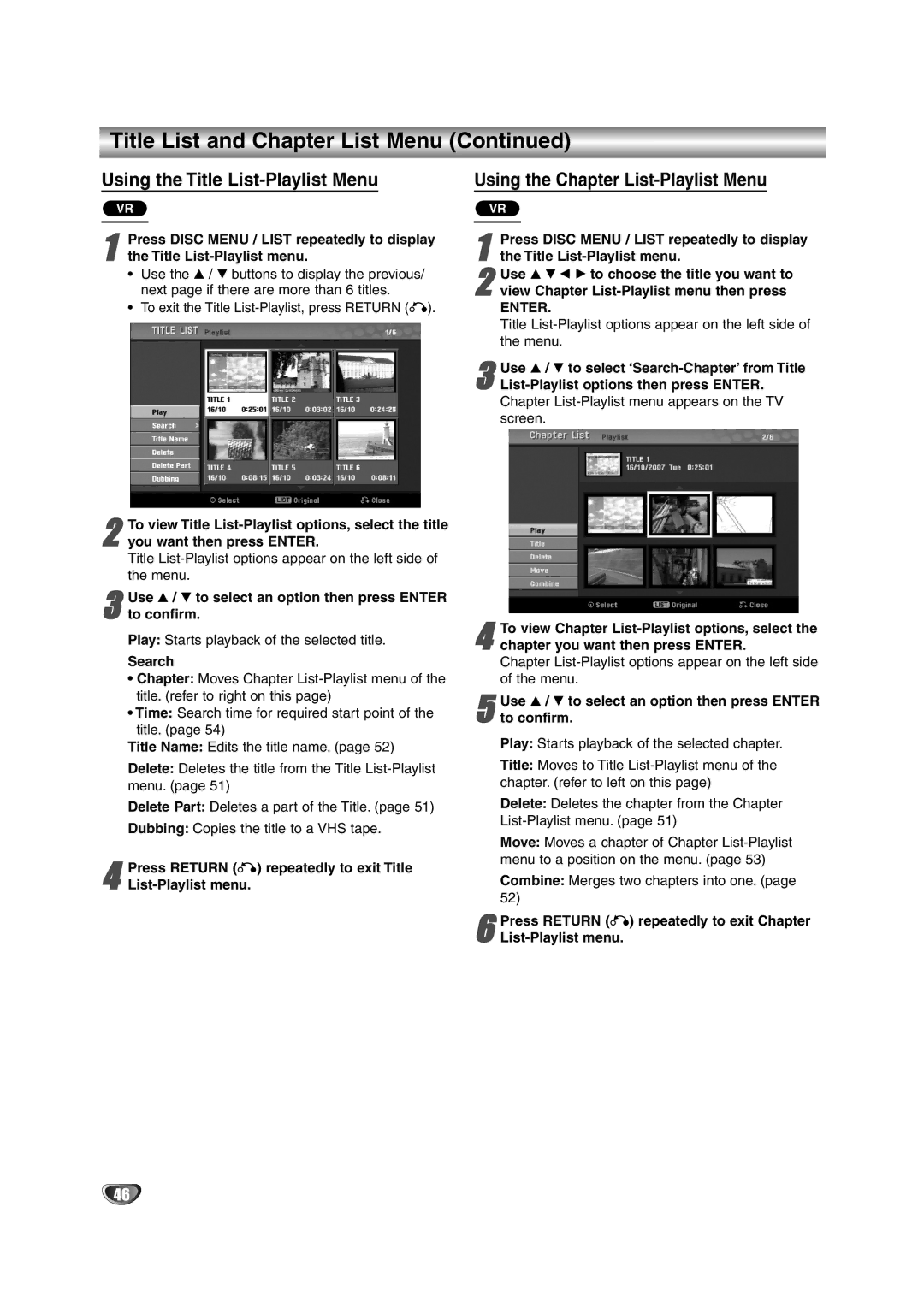 NEC NDRV-62 owner manual Using the Title List-Playlist Menu, Using the Chapter List-Playlist Menu 