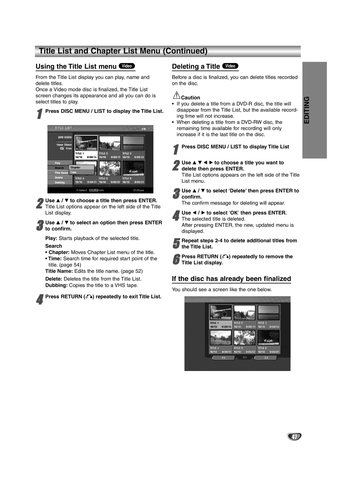 NEC NDRV-62 owner manual Using the Title List menu Video, Deleting a Title Video, If the disc has already been finalized 