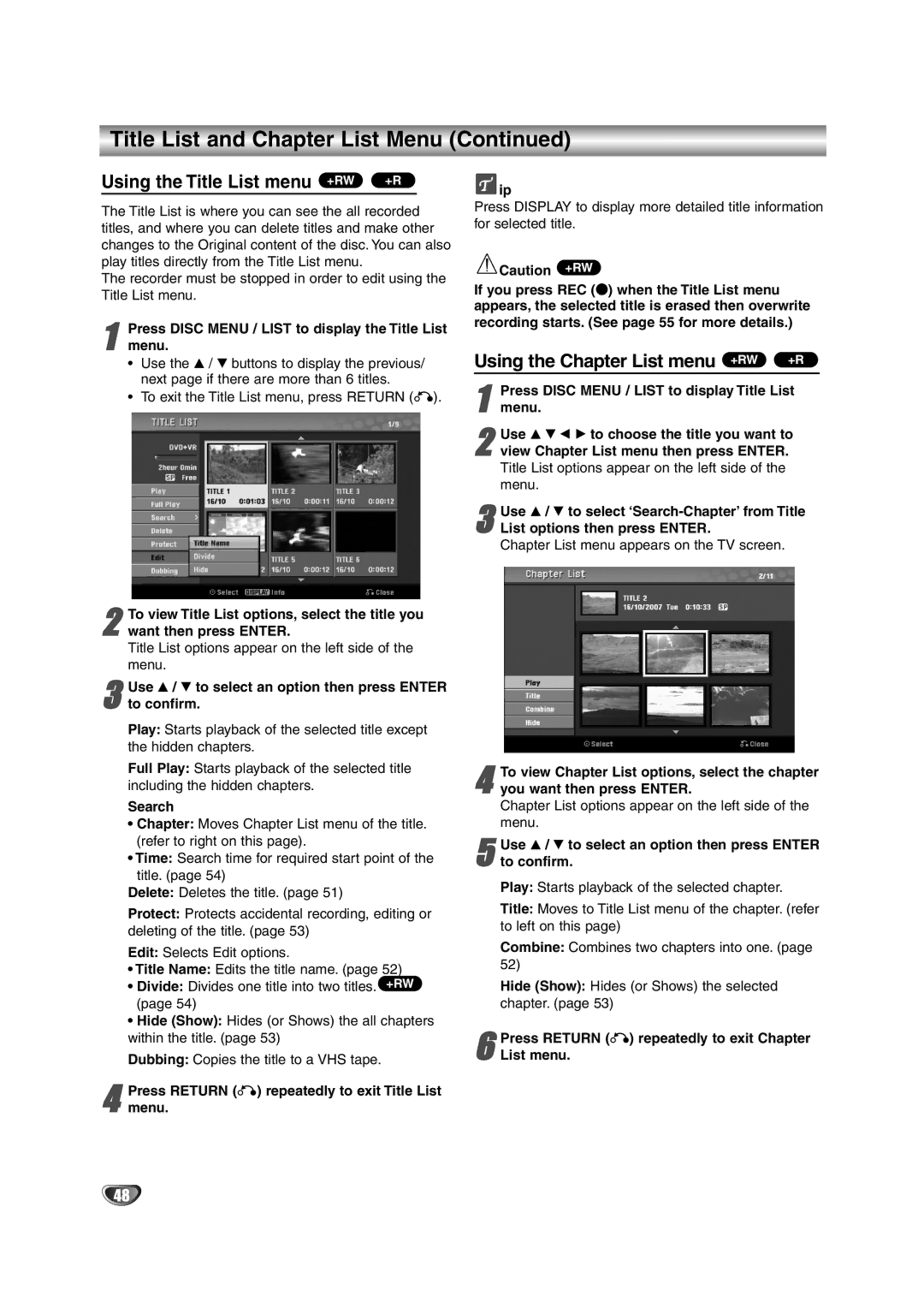 NEC NDRV-62 owner manual Using the Title List menu +RW +R, Using the Chapter List menu +RW +R, Menu, Want then press Enter 