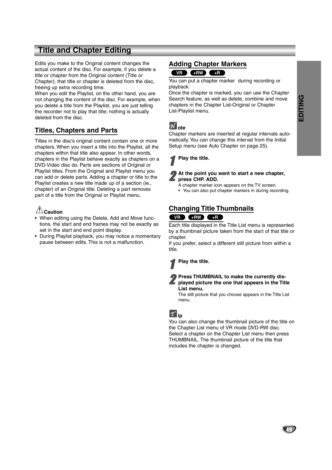 NEC NDRV-62 Title and Chapter Editing, Titles, Chapters and Parts, Adding Chapter Markers, Changing Title Thumbnails 