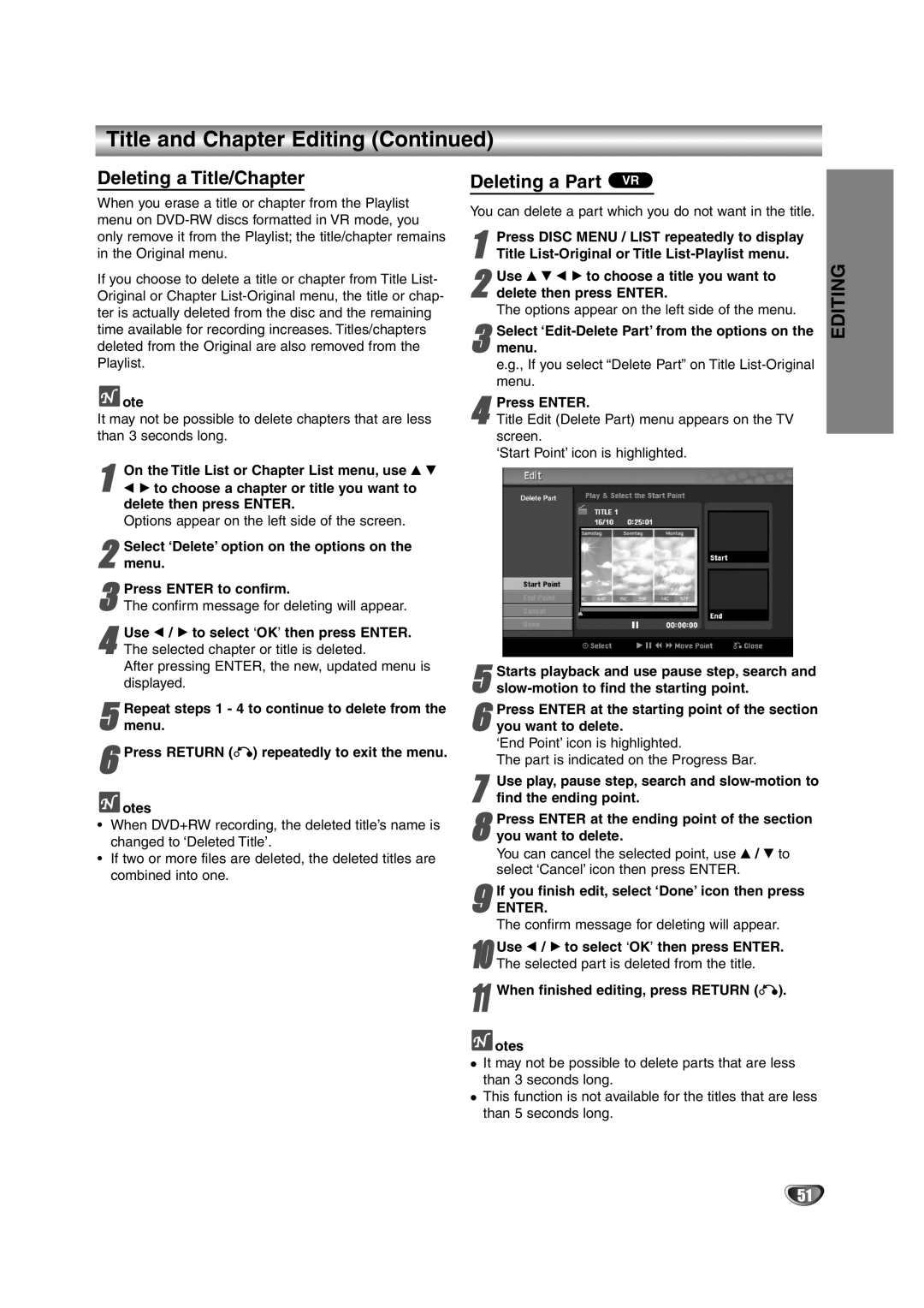 NEC NDRV-62 owner manual Deleting a Title/Chapter, Deleting a Part VR 