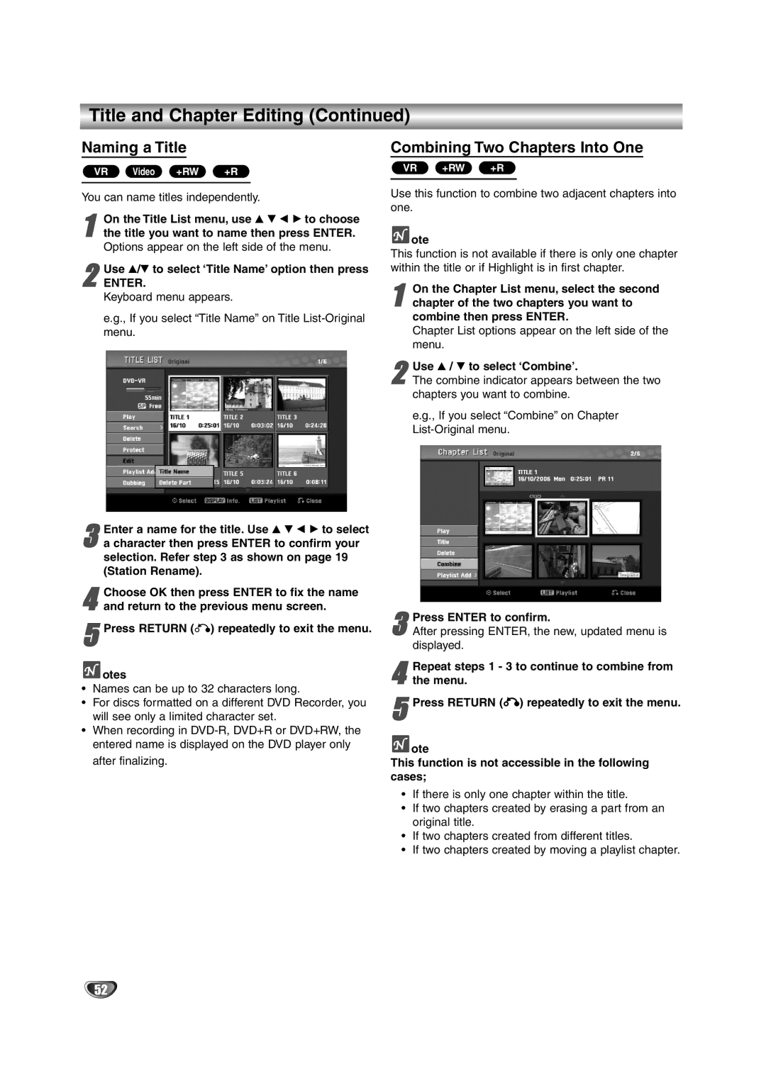 NEC NDRV-62 owner manual Naming a Title, Combining Two Chapters Into One, You can name titles independently 